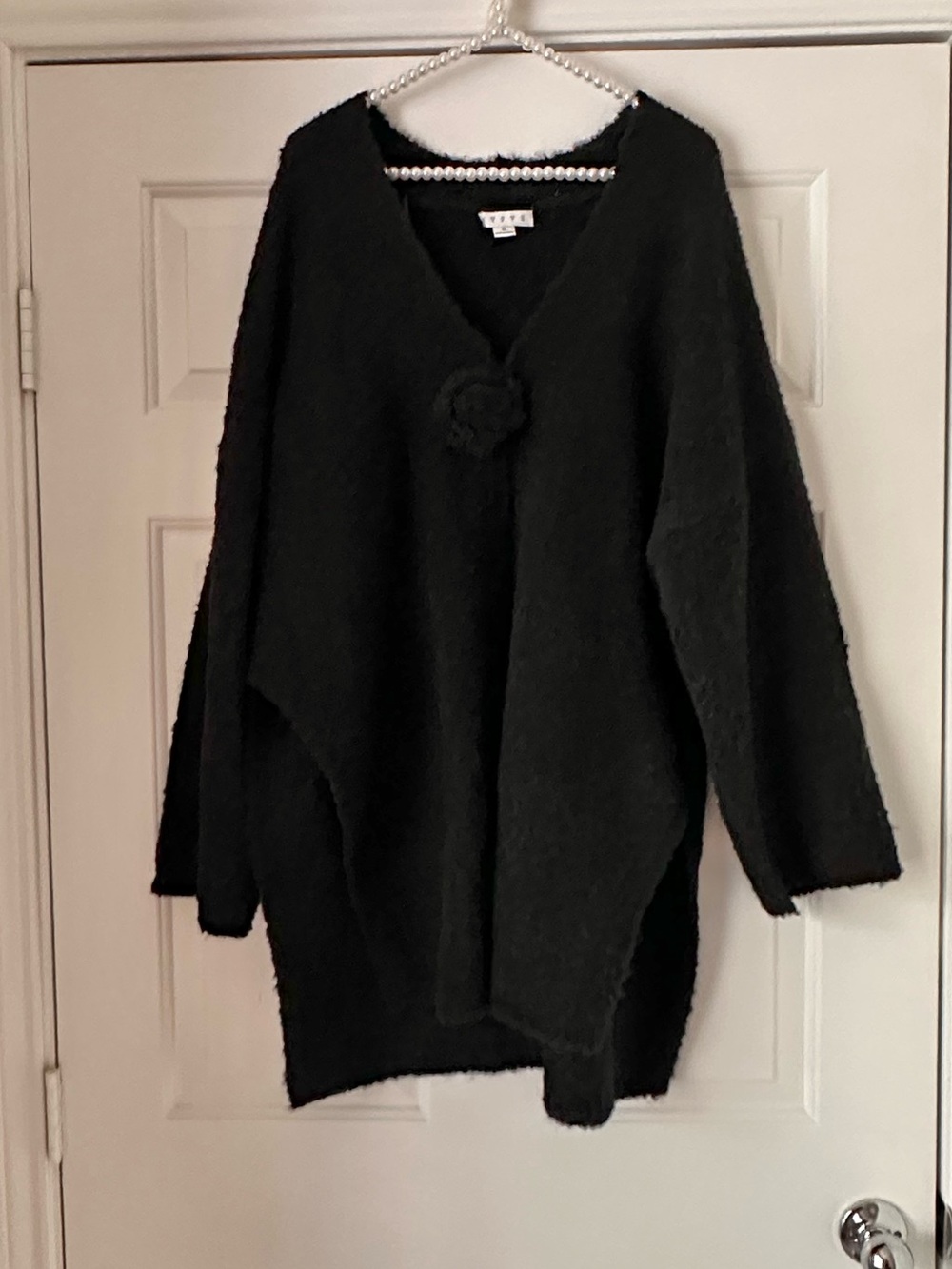 Hyfive Black Fuzzy Rosette Oversized Poncho Cardigan
